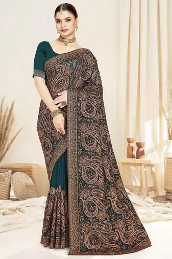 teal blue kashmiri resham embroidery border work georgette saree for women