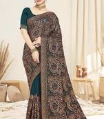 teal blue designer saree with kashmiri resham embroidery