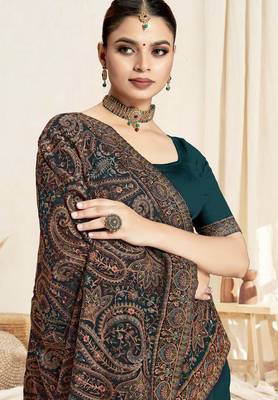 teal blue designer saree with kashmiri resham embroidery 2