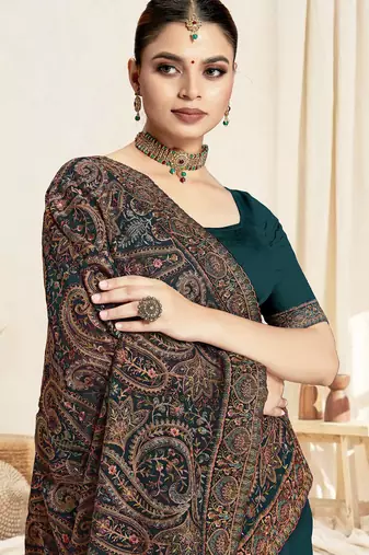 teal blue designer saree with kashmiri resham embroidery