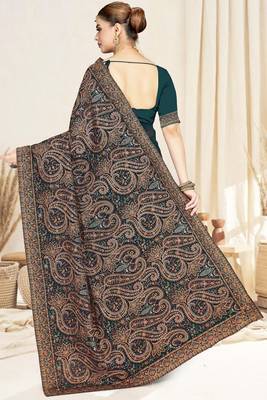 teal blue designer saree with kashmiri resham embroidery 3
