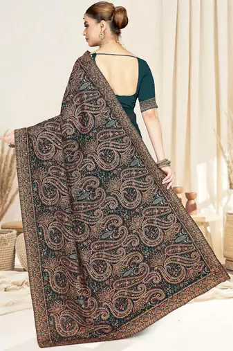teal blue designer saree with kashmiri resham embroidery