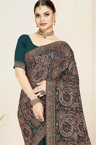 teal blue designer saree with kashmiri resham embroidery