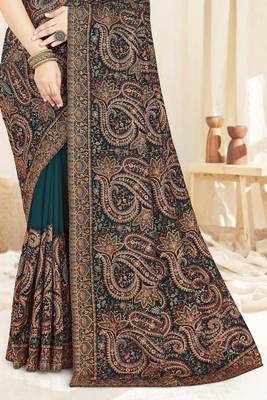 teal blue designer saree with kashmiri resham embroidery 5