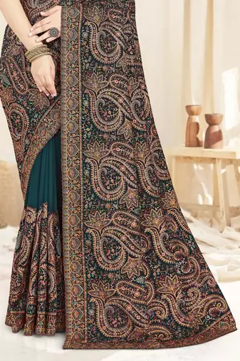 teal blue designer saree with kashmiri resham embroidery