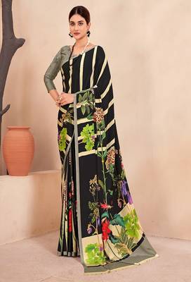 black striped & floral printed faux crepe saree with modern design 1