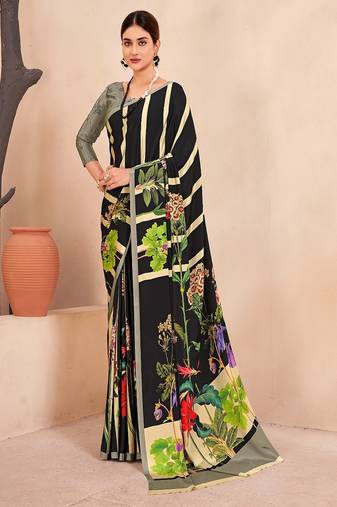 black striped & floral printed faux crepe saree with modern design