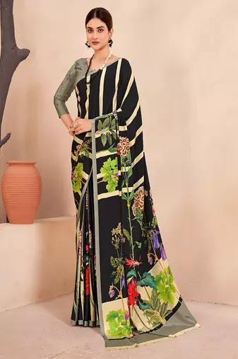 black striped & floral printed faux crepe saree with modern design