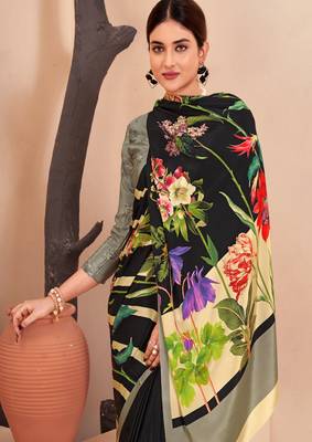 black striped & floral printed faux crepe saree with modern design 2