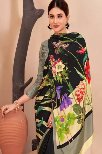 black striped & floral printed faux crepe saree with modern design