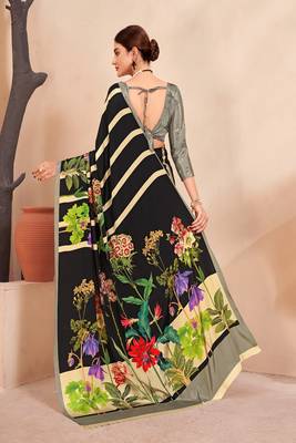 black striped & floral printed faux crepe saree with modern design 3