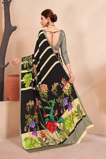 black striped & floral printed faux crepe saree with modern design