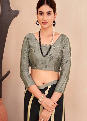 black striped & floral printed faux crepe saree with modern design 4