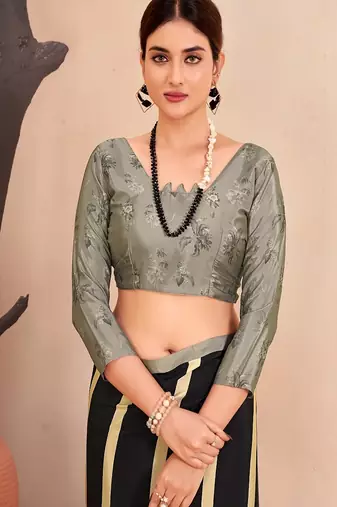 black striped & floral printed faux crepe saree with modern design