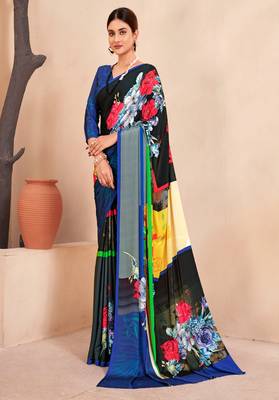 black multicolor floral printed faux crepe saree for women 1