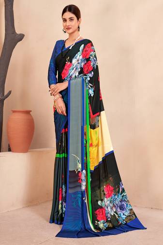 black multicolor floral printed faux crepe saree for women