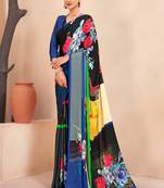 black multicolor floral printed faux crepe saree for women