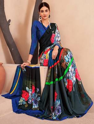 black multicolor floral printed faux crepe saree for women 2