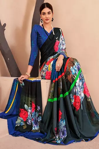 black multicolor floral printed faux crepe saree for women