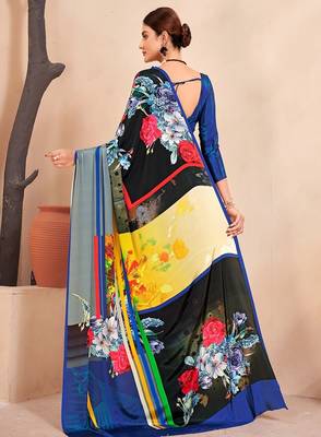 black multicolor floral printed faux crepe saree for women 3