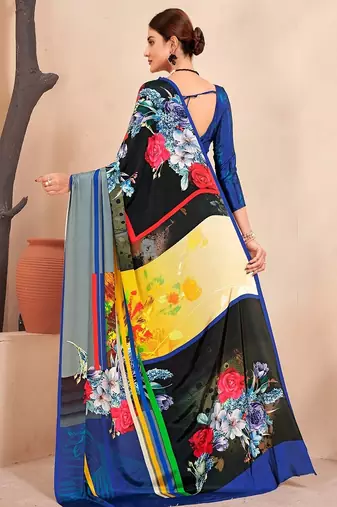 black multicolor floral printed faux crepe saree for women