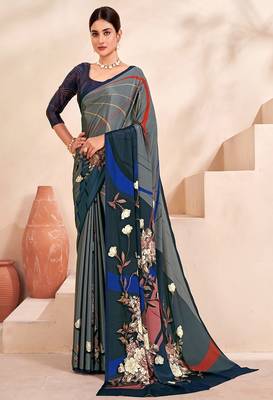 grey blue floral printed faux crepe saree with elegant border 1