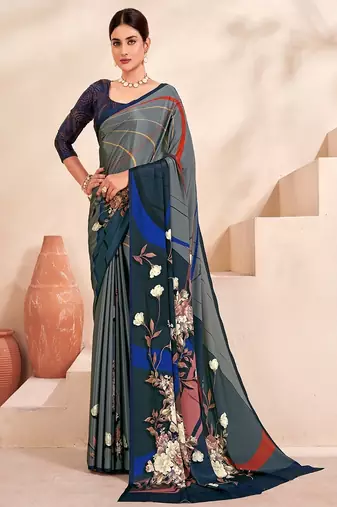 grey blue floral printed faux crepe saree with elegant border