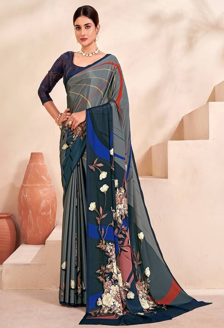grey or premium printed saree with blouse