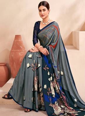 grey blue floral printed faux crepe saree with elegant border 2