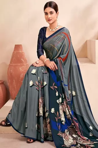 grey blue floral printed faux crepe saree with elegant border