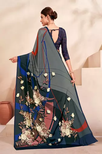 grey blue floral printed faux crepe saree with elegant border