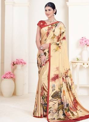 beige multicolor floral printed faux crepe saree 1
