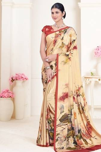 beige multicolor floral printed faux crepe saree