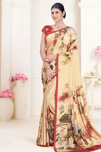 beige multicolor floral printed faux crepe saree