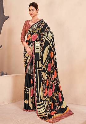 black & cream multicolor floral printed faux crepe saree with contrast border 1