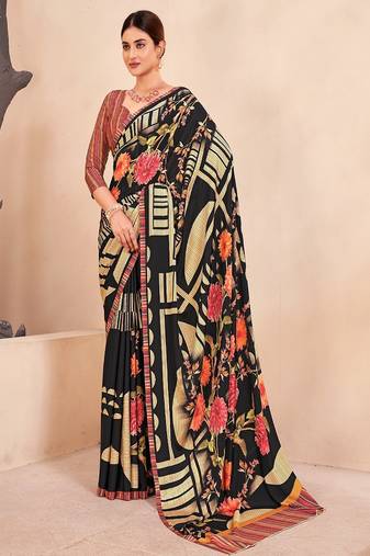 black & cream multicolor floral printed faux crepe saree with contrast border