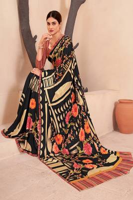 black & cream multicolor floral printed faux crepe saree with contrast border 2