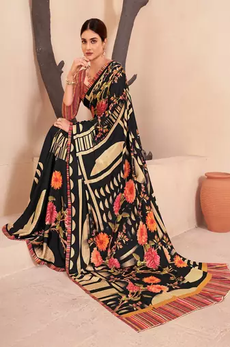 black & cream multicolor floral printed faux crepe saree with contrast border