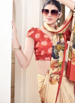 beige multicolor floral printed faux crepe saree 2