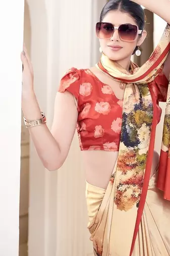 beige multicolor floral printed faux crepe saree