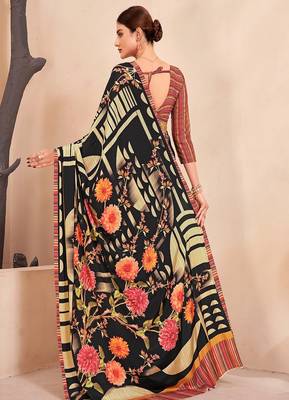 black & cream multicolor floral printed faux crepe saree with contrast border 3