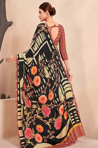 black & cream multicolor floral printed faux crepe saree with contrast border