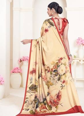beige multicolor floral printed faux crepe saree 3