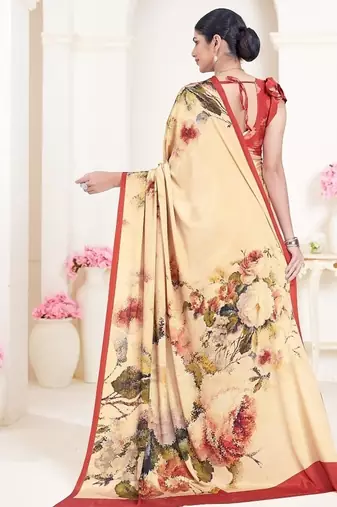 beige multicolor floral printed faux crepe saree