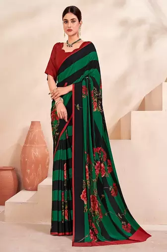 black & green floral printed faux crepe saree with rich pallu