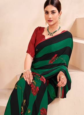 black & green floral printed faux crepe saree with rich pallu 2