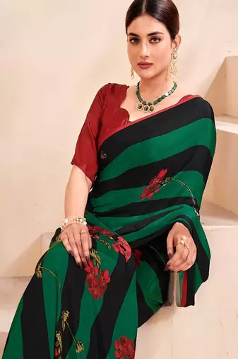 black & green floral printed faux crepe saree with rich pallu