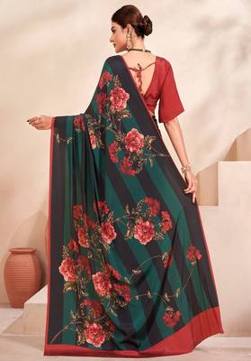 black & green floral printed faux crepe saree with rich pallu 3