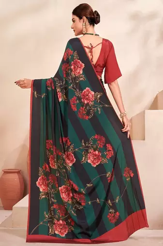 black & green floral printed faux crepe saree with rich pallu