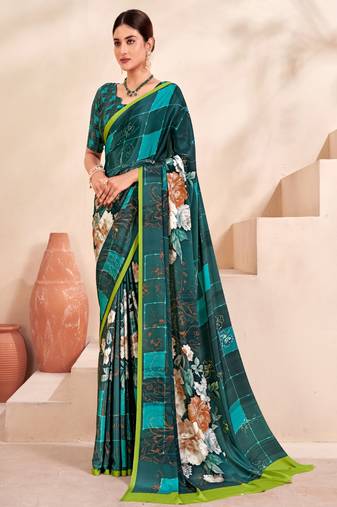 teal green multicolor floral printed faux crepe saree